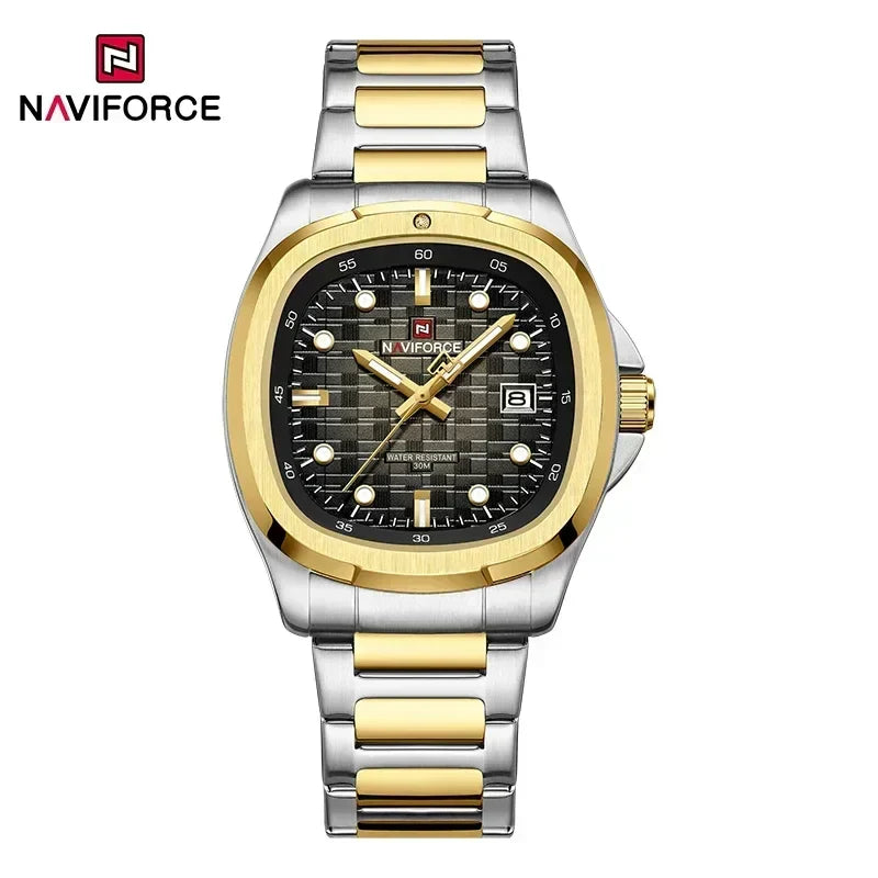NAVIFORCE 9240 ساعة كوارتز فاخرة بسيطة للرجال بمينا مربع، تقويم، عقارب مضيئة، مقاومة للماء، وسوار من الفولاذ المقاوم للصدأ